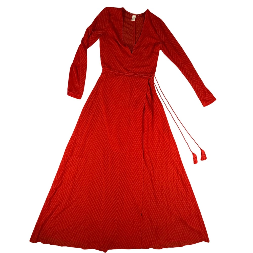 H&M Wrap Maxi Dress Women 4 Red Chevron Long Sleeve Boho Tassel Ethereal Chic